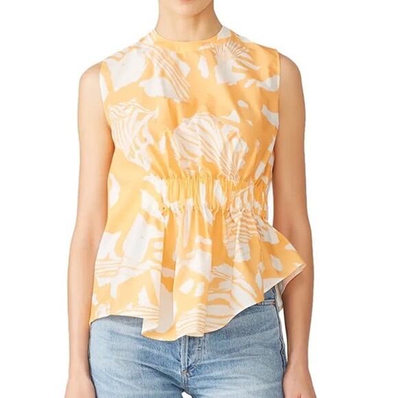 Genny Sz US 14 Orange Tropical Floral Print Ruched Sleeveless tank Top tropical - Picture 1 of 7